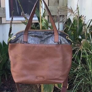 Fossil Brown Leather Keely Tote/Crossbody BagW/Black & Gold Metallic Top Lining